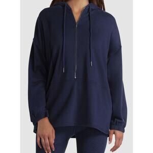 Halston Studio Zip Front Long Sleeve Drawstring Hoodie Sz Large in Navy Blue NWT